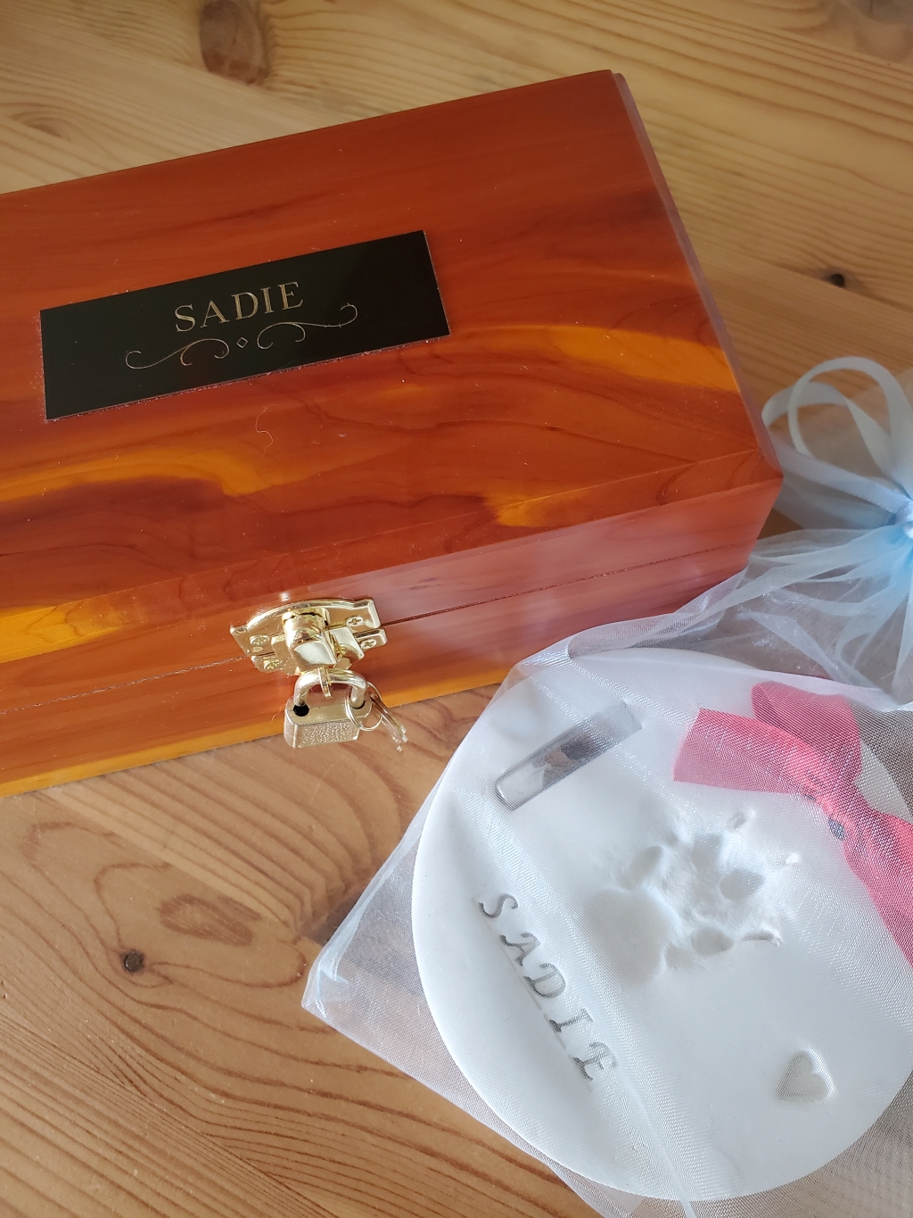 bright brown wooden box with golden lock and black engraved name plate displaying Sadie's name next to a round clay imprint of a cat paw